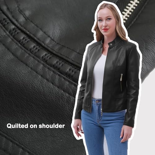 Women's Trendy Faux Leather Jacket Moto Short Jacket Fashion PU Jacket Coat (S, Black)