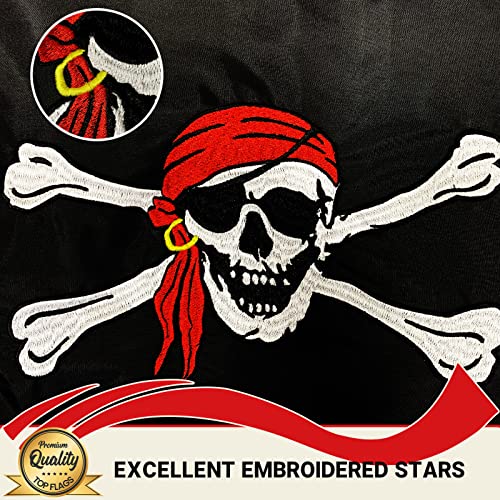 TOPFLAGS Pirate Boat Flag 12x18 Inch Jolly Roger Red Scarf Flag Embroidered Nylon with 2 Brass Grommets 4 Stitching Rows Heavy Duty Fade Proof Water-resistant Skull Banner for Outdoor Indoor