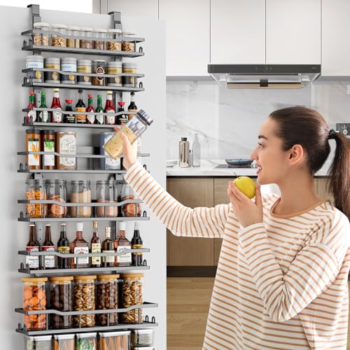 MSERCUOR Over The Door Pantry Organizer Rack, 6-Tier Metal Pantry Organization And Storage with Adjustable Baskets, Hanging Spice Rack for Home & Kitchen Laundry Room Bathroom (6 Tier Black)