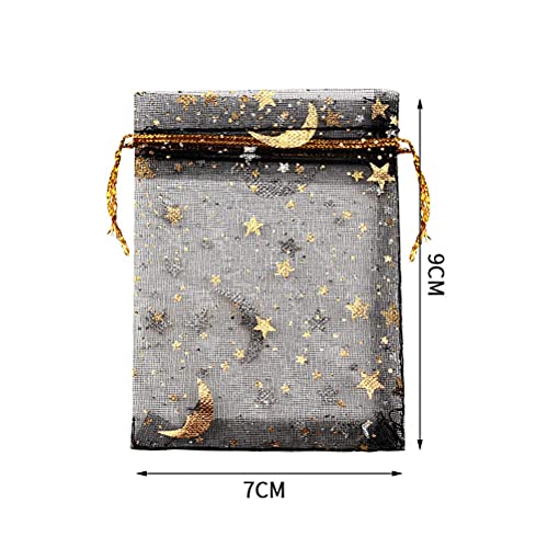 SUMAJU 100 Pieces Moon Star Organza Jewelry Candy Bags, 2.7x3.5 Inch Sheer Black Organza Pouch Small Gift Bags with Drawstring for Wedding Party Favors