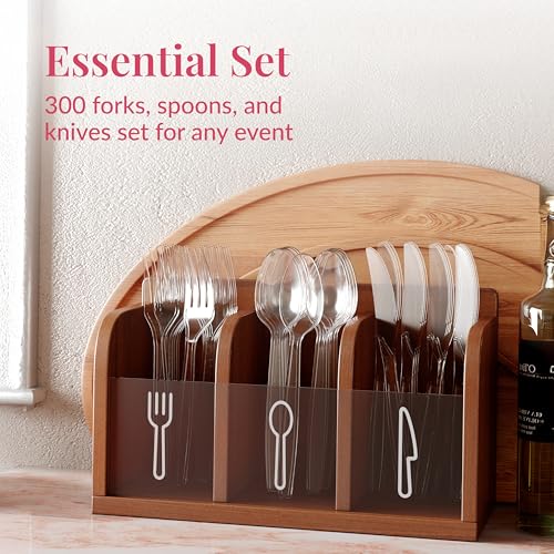 Prestee 300-Piece Plastic Cutlery Set - 100 Each of Clear Plastic Forks, Knives, Spoons - Heavy Duty Silverware for Parties - Disposable Utensils for Weddings and Buffets