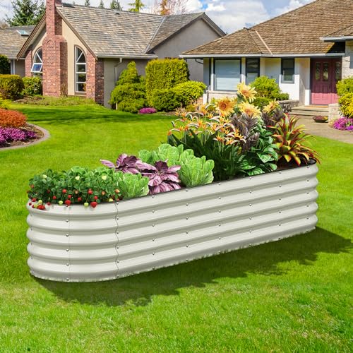 Pattiumo Oval 8x2x1.5 FT Galvanized Raised Garden Bed Kit, 7 in 1 Large Metal Planter Box for Outdoor Gardening, 18” Garden Bed for Vegetables Flower Herb(Pearl White)