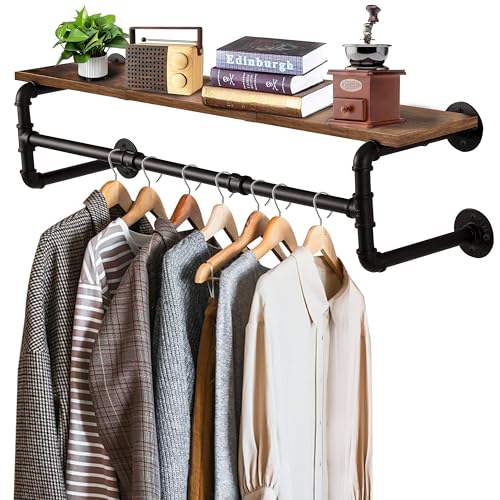 Yawinhe Industrial Pipe Clothing Rack with Shelves, Wall Mounted, Space Saving Closet Rod with 4 Bases, for Shops, Homes, 41.3''Lx10.2''Wx10.2''H, Rustic Brown, 1-Pack