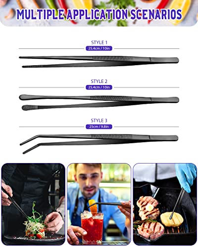 3 Pcs Kitchen Long Tweezers Tongs, 10 In Stainless Steel Fine Tweezers Set, Professional Food Tweezers Tongs for Cooking, Baking, Repairing, Pet Feeding, Art(BLACK)