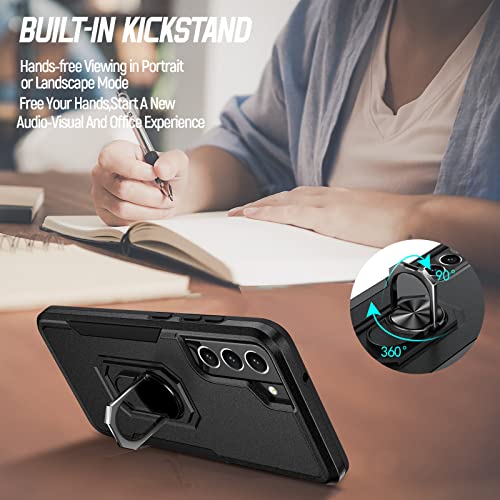 Oterkin for Samsung Galaxy S21 FE Case, Heavy Duty Military Grade Shockproof Case with Kickstand & Tempered Glass Screen Protector, Supports Magnetic Car Mount (Black)