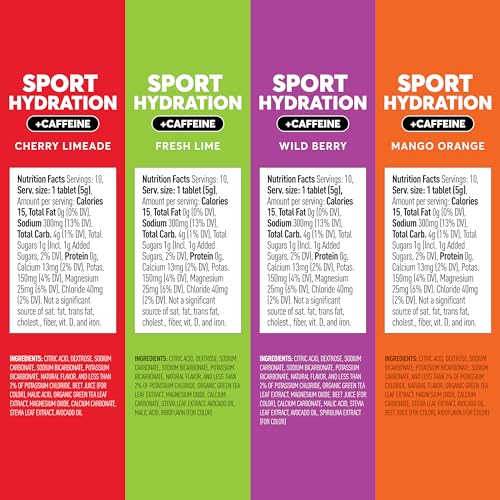 Nuun Sport + Caffeine Electrolyte Tablets - Dissolvable in Water, Mixed Flavor Box, 5 Essential Electrolytes for Hydration, 1g Sugar Drink Mix, Vegan, Non-GMO, 4 Pack (40 Servings)