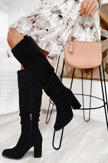 Juliet Holy Women's Knee High Boots Chunky Block Heel Wide Calf Round Toe Side Zipper Fashion Dress Boot