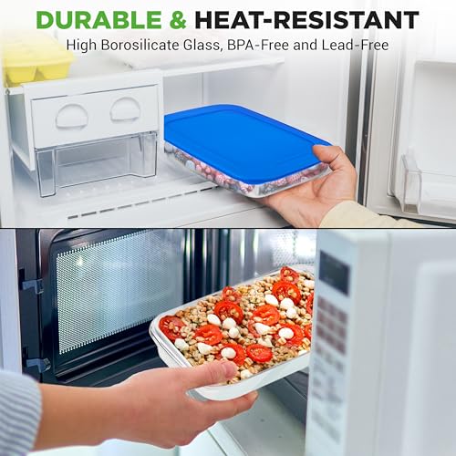 NutriChef 8-Piece Glass Baking Dish Set with Lids – Stackable Rectangular Bakeware for Lasagna, Casserole, Meatloaf, Leftovers & Storages– Oven, Freezer & Dishwasher Safe, BPA Free lid (Blue)