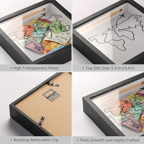MUXIUNT Travel Adventure Archive Shadow Box For Memories,8&12Inch Concert Travel Ticket Stub Memory Top Loading Shadow Keepsake Box With Slot On Top,life In a Shadow Box Travel Gift Frame (Black, 8x8)