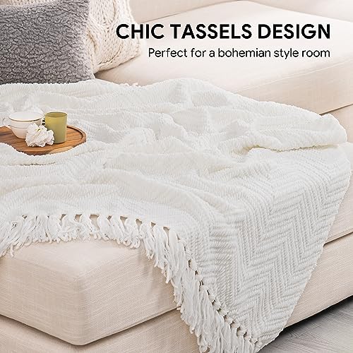 RECYCO Knit Chenille Throw Blanket, Textured Knitted Throw Blankets w/Tassels, Decorative Warm Soft Woven Throw for Couch Bed, Cream White, 50x60 in