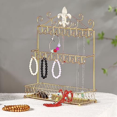 MOCOME Fleur-De-Lis Gold Jewelry Stand Necklace Holder Stand with 36 Hooks and Tray for Woman