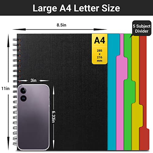 EUSOAR 5 Subject Notebook College Ruled, 1 Pack A4 11" x 8-1/2", 100GSM Line Paper,120 Sheets/ 240 Pages, Thick Hardcover Large Journal Notebooks with Dividers for School Office Note Taking Travel