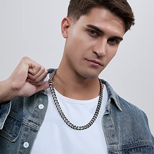 YAMI Cuban Link Chain for Men Women, 6/8/10/12 mm Mens Necklace, Two Tone Silver to Blue/Black/Gold Stainless Steel Cuban Necklace, 18/20/22/24/26 Inches Solid Diamond-Cut Chain Necklace Hip-Hop Gifts