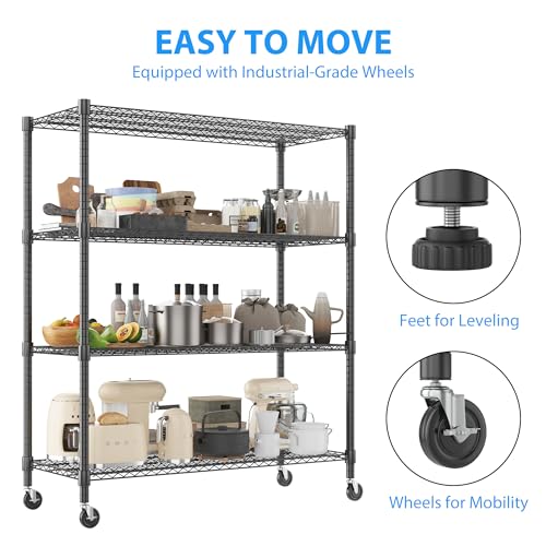 Homdox 60”W Storage Shelves, 4 Tier Heavy Duty Wire Shelving Unit with Wheels, 2400LBS Commercial Adjustable Metal Shelves for Storage, Garage Rack Pantry Shelves Kitchen Shelving, 24"x60"x72", Black