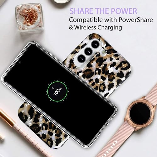 J.west Galaxy S24 Plus Case 6.7", Luxury Sparkle Glitter Translucent Cute Brown Leopard Pearly Thinfoil Design Shiny Animal Print Soft Silicone Cover for Women Girls Slim TPU Protective Phone Case
