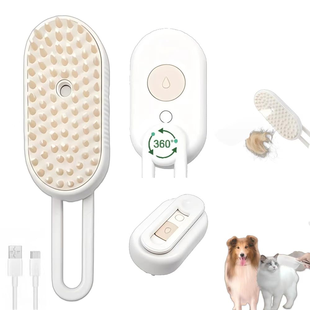 4 in 1 Cat Steam Brush for Shedding, 2025 Rechargeable Pet Steam Brush With 360 Rotating Arm, Massage, Cleaning, Shedding & Combing Multifunctional Hair Removal Comb for Cats Dogs (Beige)