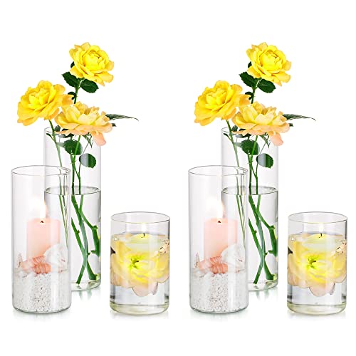 Hewory Glass Cylinder Vases Set of 6, Tall Clear Vase for Centerpieces, Glass Hurricane Candle Holders for Pillar Floating Candles, Round Vases for Wedding Events Table Decor, 2.6” in Diameter