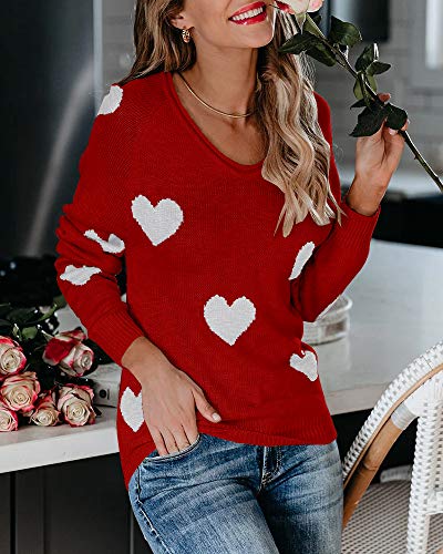Sherrylily Womens Lightweight Pullover Off Shoulder Batwing Sleeve Heart Print Sweaters Knit Shirts Slounchy Tops Red