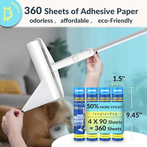 Large Lint Roller - 9.45 in Giant Lint Roller Refill 360 Sheets Total, 45 in Telescopic Pole to Clean without Bending Down, Sticky Rollers for Floor Cleaning Carpets, Cars, Clothing, Pet Hair