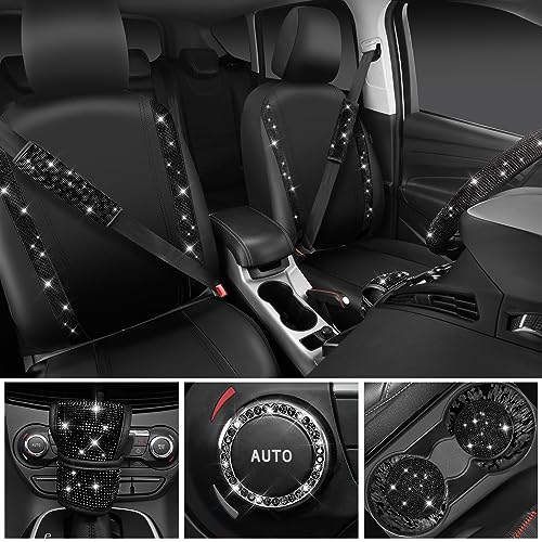 CAR PASS 11 PCS Bling Car Accessories Set for Women, Sparkly Rhinestone Diamond Steering Wheel Cover, Bling Seat Belt Cushion, Shift Knob Cover, Push Start Button Ring, Car Cup Holder Coaster, Pink