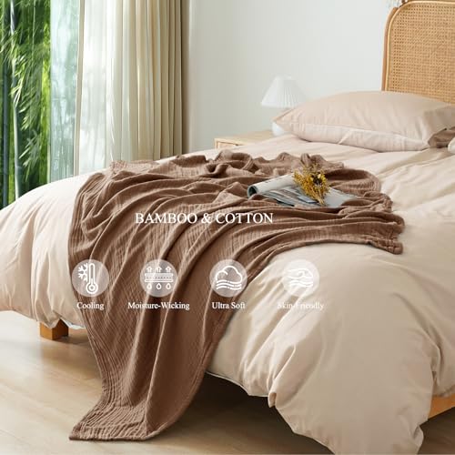 PHF Cooling Muslin Throw Blanket for Hot Sleepers, 60% Rayon Derived from Bamboo, 40% Cotton Blanket for Summer, 4-Layer Breathable Gauze Blanket for Bed Couch, 50"x60", Brown