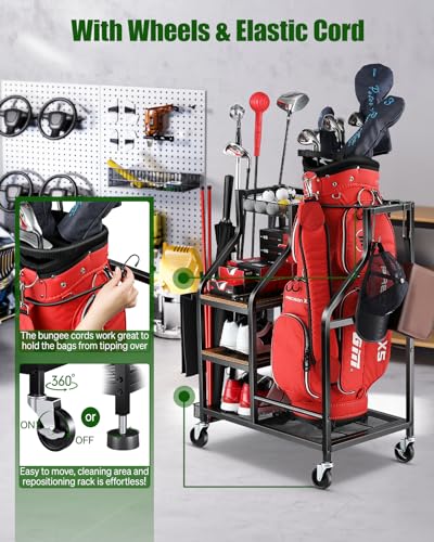 FHXZH Golf Bags Storage Garage Organizer Golf Bag Stand for Golf Bags, Clubs, Balls, Golf Equipment Accessories, Golf Bag Storage Rack with Wheels for Garage, Club, Basement (1 Golf Bag Organizer)