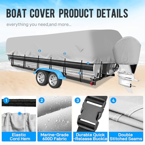 Mionovity Pontoon Boat Cover, 600D Waterproof Pontoon Boat Cover with Motor Cover, Heavy Duty Waterproof Marine Grade Canvas, Deck Boat Cover, 17-20 FT, Gray