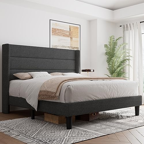 Feonase Queen Bed Frame, Upholstered Platform Bed Wingback, Wood Slats Support, No Box Spring Needed, Easy Assembly, Noise-Free, Dark Gray