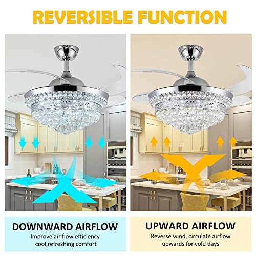 Panghuhu88 42" Invisible Ceiling Fan Chandelier with Light,Modern Crystal Ceiling Fan Light Remote Control 4 Retractable ABS Blades for Bedroom Living Dining Room Decoration (Silver)