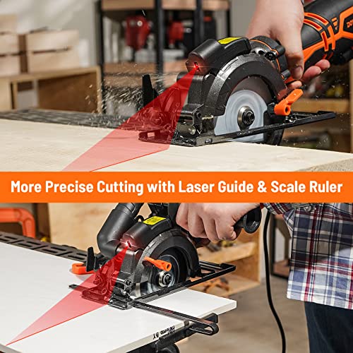 DOVAMAN Circular Saw, 5.8A 4-1/2" Compact Circular Saw w/Contractor Bag, Laser Guide, Metal Auxiliary Handle, Multi-Material Cuts w/ 6 Saw Blades, Tool-Free Adjustment of Angle & Depth (Max 1-11/16")