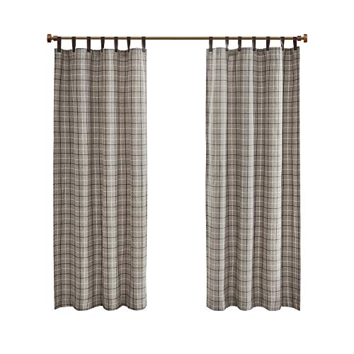Madison Park Anaheim Cabin Plaid Curtain Window, Thermal Insulated Fleece Lining, Living Room Decor Light Blocking Drape for Bedroom, 1-Single Panel Pack, 50" x 84", Faux Leather Tab, Brown