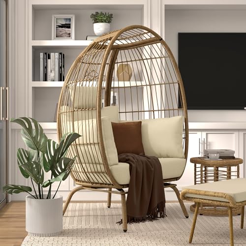 YITAHOME Outdoor Egg Chair, 370lbs Capacity Wicker Patio Basket Chair, All-Weather Oversized Stationary Egg Lounger Chair for Indoor Living Room Outside Balcony Backyard (Beige)