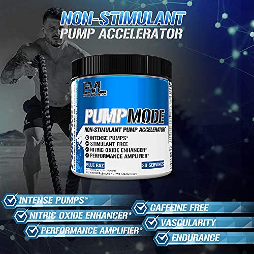 EVL PumpMode Nitric Oxide Supplement - Nitric Oxide Booster Pump Pre Workout Powder with Glycerol and Betaine for Muscle Recovery Growth and Endurance - Stim Free Pre Workout Drink (Blue Raz)