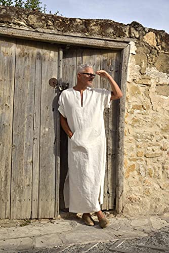 COOFANDY Men's V-Neck Linen Robe Short Sleeve Kaftan Thobe Long Gown Casual Shirt for Beach, Summer (Navy Blue, Large)