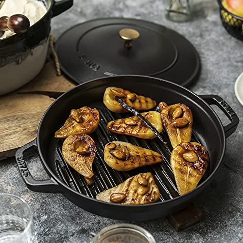 STAUB Cast Iron Set 4-pc, Stackable Space-Saving Cookware Set, Dutch Oven, Skillet, Grill Pan & Ceramic Baking Dish Set, 3pc, Cherry