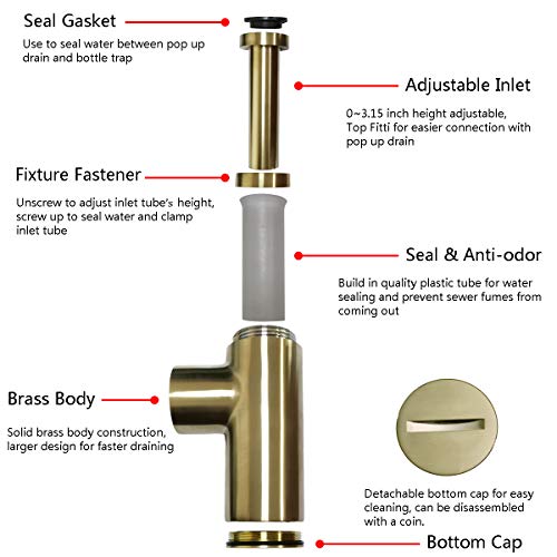 TRUSTMI Bottle Trap, Brass Decorative 1 1/4 Bathroom Sink P Trap, Large Body Round Lavatory Waste Drain Kit, Brushed Gold