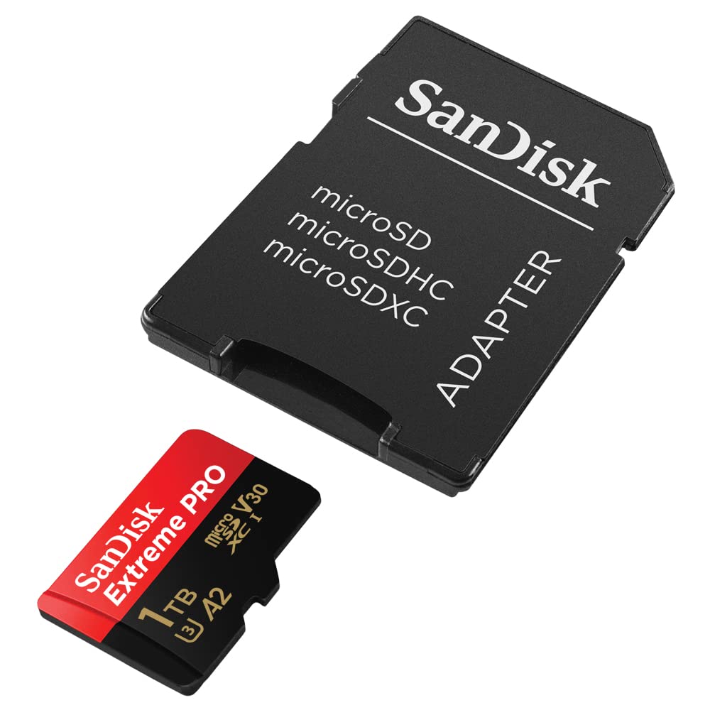 SanDisk Extreme PRO microSDXC UHS-I Memory Card 1 TB + Adapter & RescuePRO Deluxe (for Smartphones, Action Cameras or Drones, A2, Class 10, V30, U3, 200 MB/s Transfer)