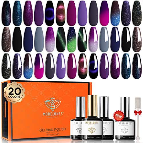 modelones 24 Pcs Gel Nail Polish Kit, 20 Colors Neutral Nude Pink Glitter Skin Tone Gel Polish Nail Set with Bond Primer Glossy & Matte Top Base Coat Nail Art DIY Home Gifts