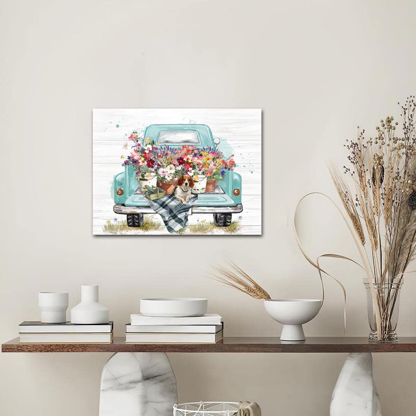 LAIART Old Truck with Flowers Farmhouse Rustic Style Decor Canvas Print Wall Art Bathroom Picture