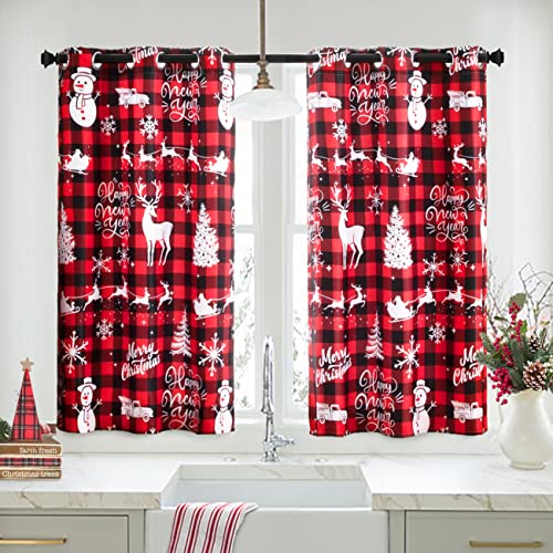 PANELSBURG Christmas Kitchen Window Curtains Over Sink,Red 45 Inch Length Cute Buffalo Plaid Cafe Blackout Short Curtains for Small Bathroom Window Living Room,Cortinas de Navidad Cocina para Sala