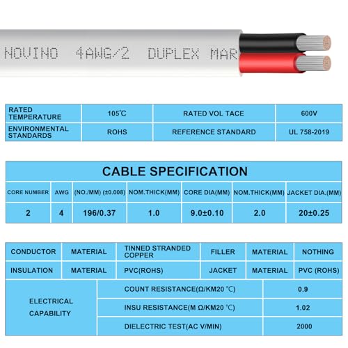 4 Gauge Marine Wire Duplex Marine Grade Wire,4 AWG 6ft Tinned Copper Boat Electrical Cable for Boat/Automotive/RV/Camper Outdoor Use