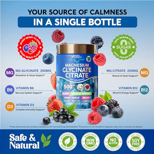 Magnesium Gummies Glycinate & Citrate 500 mg - for Adults & Kids - Vitamin B6 | Vitamin B12 | Vitamin D3 - Sleep, Muscle & Heart Health Support - GMO & Sugar Free - Berry Flavor - Vegan, 60 Gummies