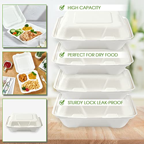 Vplus 100% Compostable Clamshell Take Out Food Containers, 90 PACK 8 inch x 8 inch Eco-Friendly Disposable 3 Compartment, Heavy-Duty Bagasse To-Go Containers for Next Day Lunch, Potluck Party
