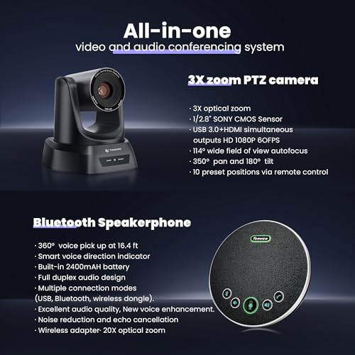 TONGVEO Conference Room PTZ Camera System 3X Optical Zoom USB3.0, HDMI 114° Wide Angle 1080P 60fps Camera Bundle with Bluetooth Microphones - Easy Setup for Church