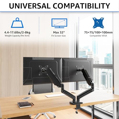 MOUNTUP Dual Monitor Stand for Desk, Adjustable Gas Spring Double Monitor Mount Holds 4.4-17.6 lbs and 13-32 Inch Screens, Monitor Arms for 2 Monitors, VESA 75x75 100x100 with C-clamp& Grommet, Black