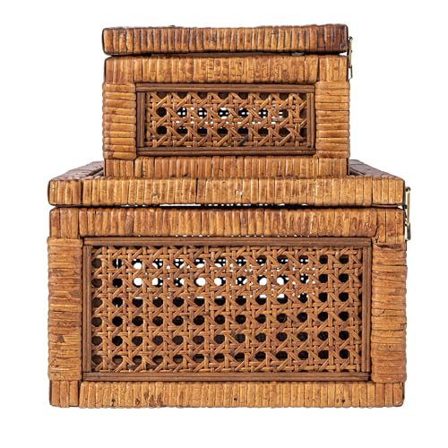 Creative Co-Op Modern Decorative Rectangle Woven Rattan and Wood Display Boxes with Glass Top, Set of 2 Sizes, Dark Brown Finish, Rectangular