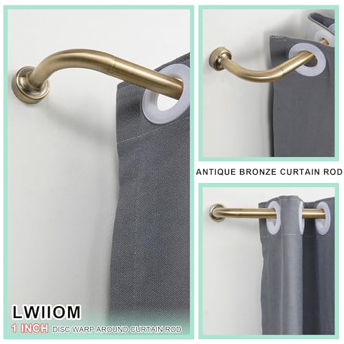 Lwiiom 2 Pack Wrap Around Curtain Rod for Windows 28-56", Internal Splicing 1 Inch Diameter Disc, Adjustable Room Darkening Curtain Rod with Aluminum Finials and Brackets, Antique Bronze
