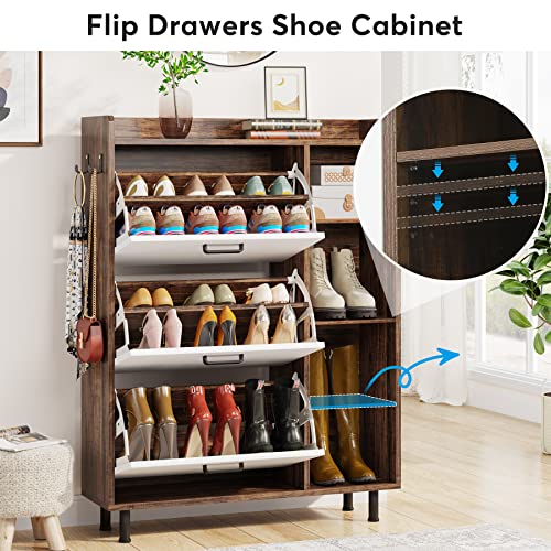 Tribesigns Shoe Cabinet, Flip Drawers Shoe Storage Cabinet for Entryway with 3 Flip Drawers and 5 Shelves, Freestanding Shoes Cabinet for Closet, Living Room, Bedroom, Brown & White