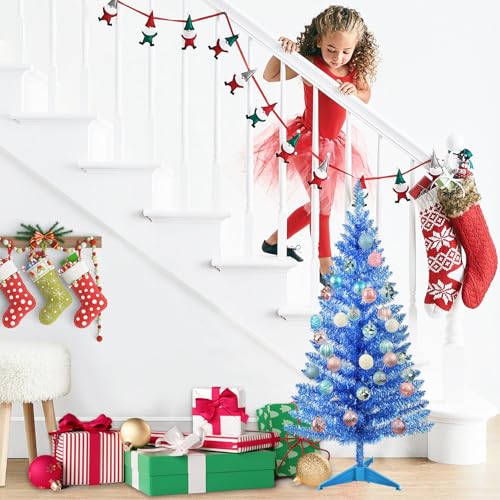 4ft Lighted Artificial Blue Christmas Tree | Leeheeyee Small Xmas Tree, Not Pre-lit Blue Tinsel Pine Trees with Lights, Ideal for Home, Office, and Xmas Party Décor