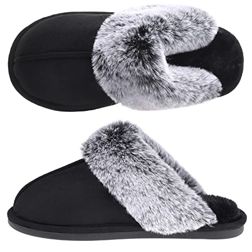 VANSARTO Women's Comfy Faux Fur Scuff Slippers Micro Suede Memory Foam Slip on Fuzzy Slide House Shoes Anti-Skid Sole, Brown, Size 5-6